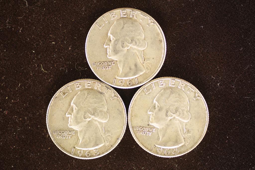 1961, 1963-D & 1964 WASHINGTON SILVER QUARTERS (1 of 2)