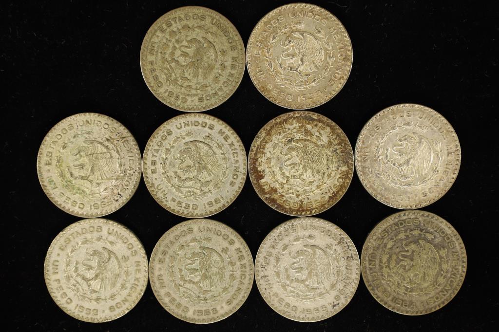 10 ASSORTED MEXICO .100 SILVER PESOS 1959-1965 (1 of 2)