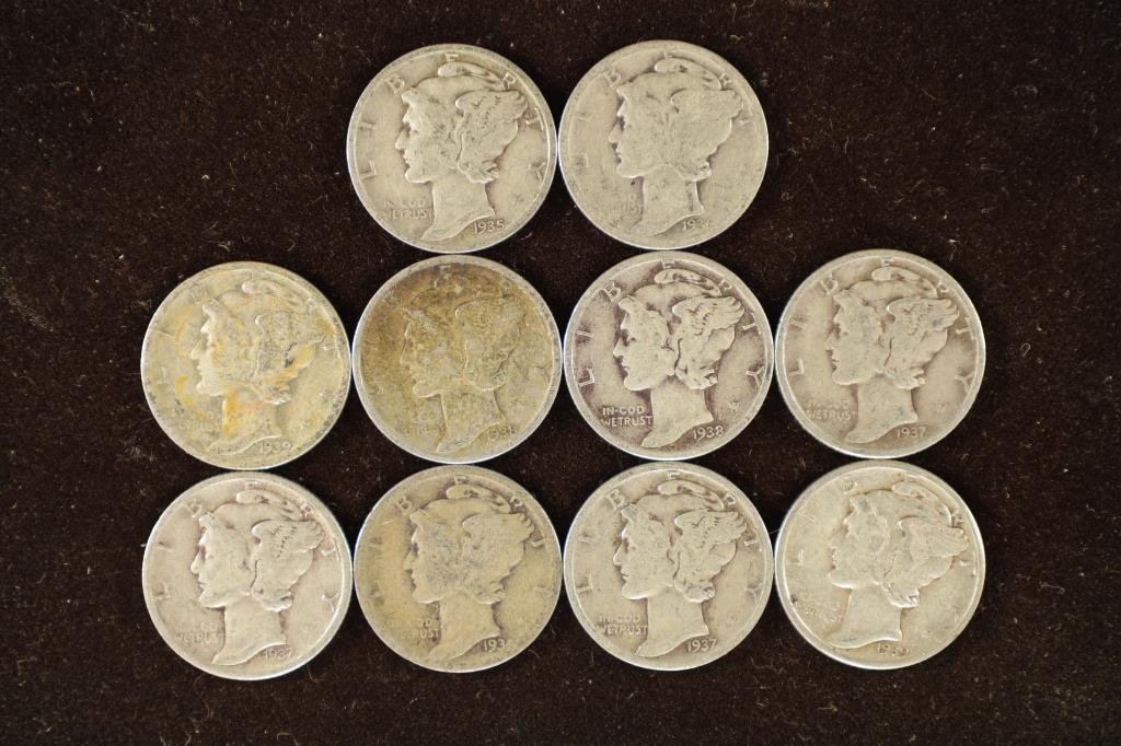 10-ASSORTED 1930'S SILVER MERCURY DIMES (1 of 2)