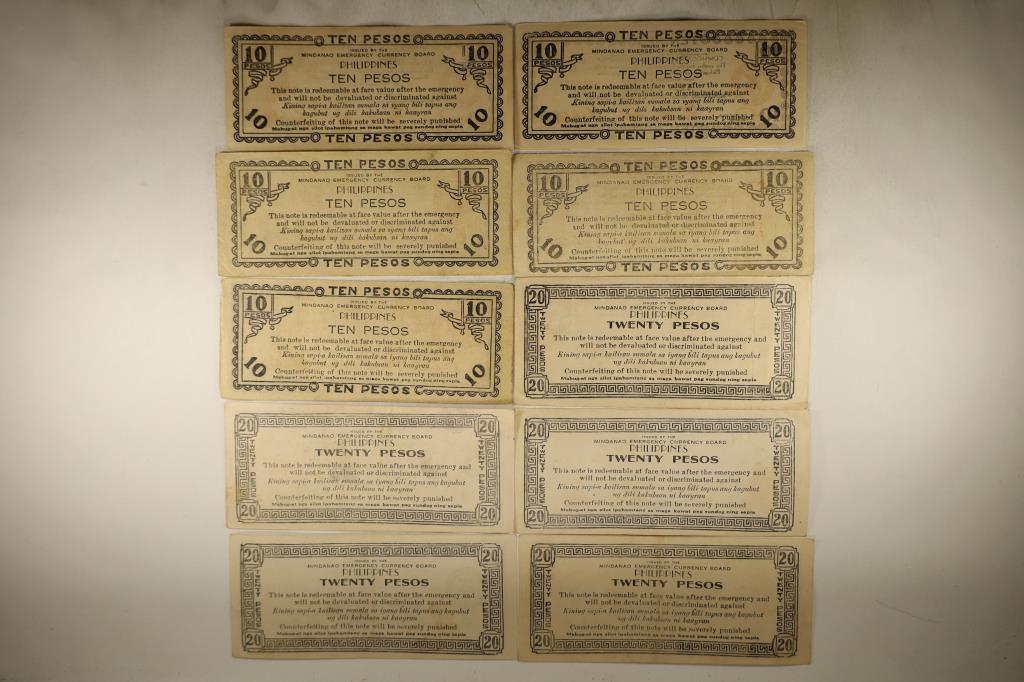 10 PIECES OF WWII PHILIPPINES EMERGENCY CURRENCY (1 of 2)