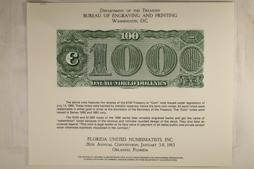 1983 FLORIDA UNITED NUMISMATICS, INC. 28TH ANNUAL: CONVENTION. FEATURING AN ENGRAVING OF THE REVERSE OF1890- $100 TREASURY (COIN) NOTE, PRINTED BY THE BUREAU OF ENGRAVING AND PRINTING
