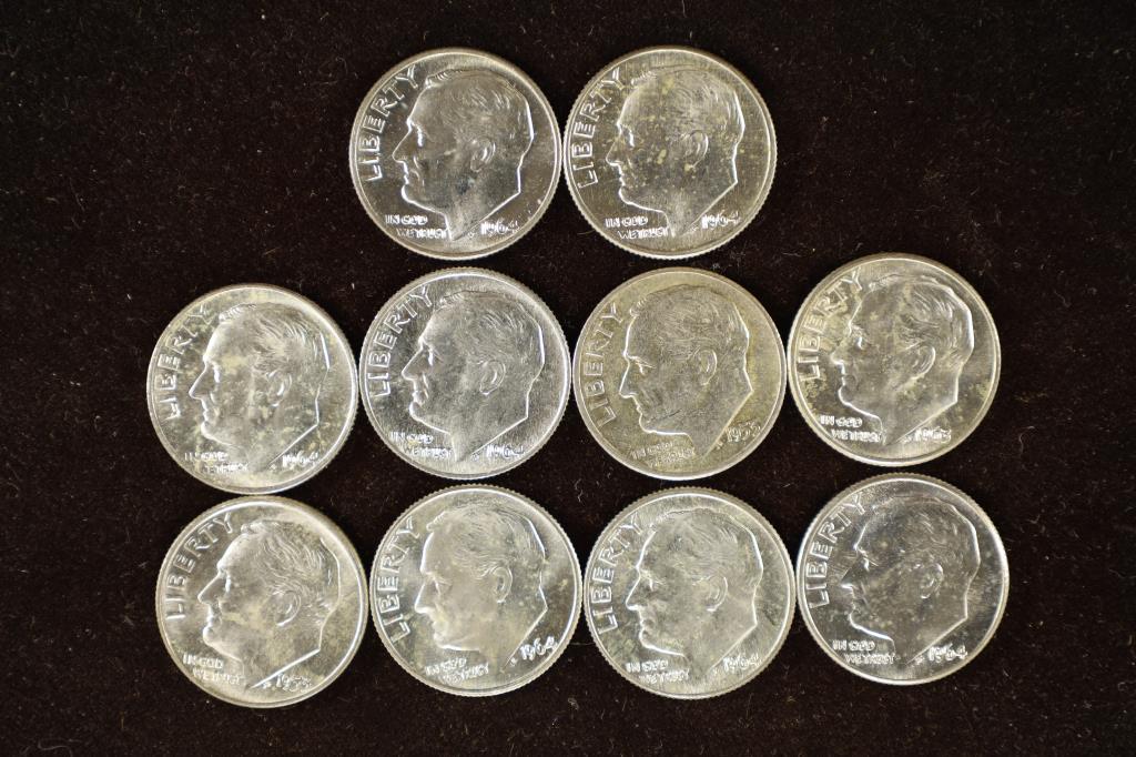10-ASSORTED BRILLIANT UNC SILVER ROSY DIMES: 1950'S AND 1960'S
