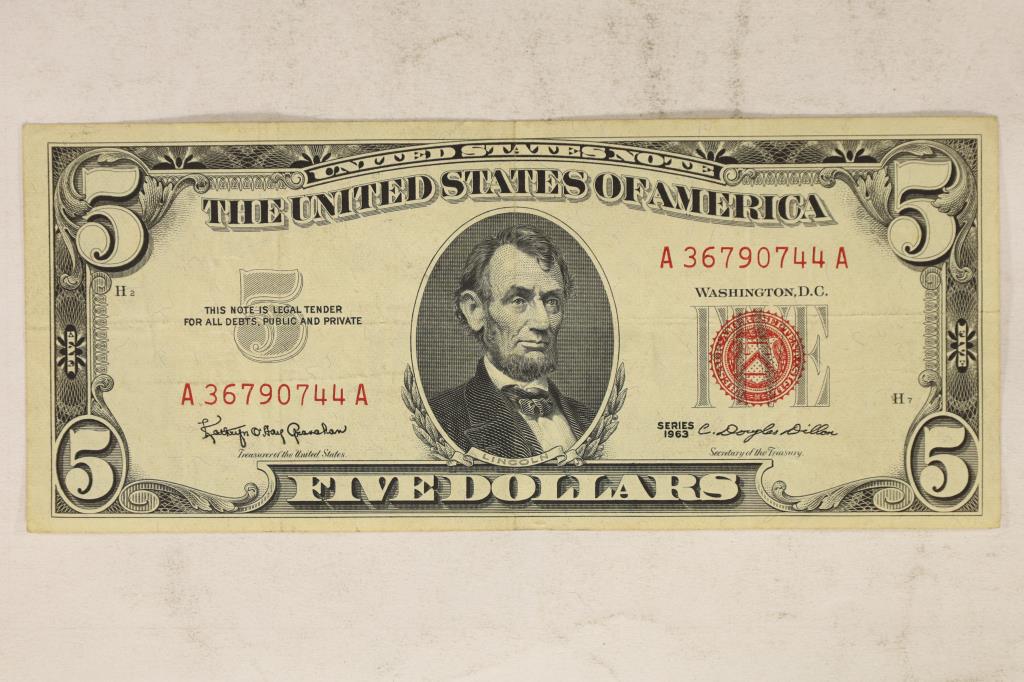 1963 US $5 RED SEAL, CRISP (1 of 2)