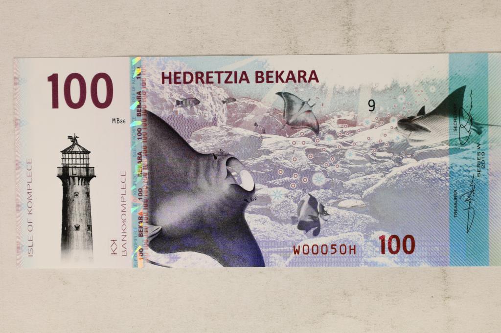 2019 SERIES W 100 BEKARA CRISP UNC POLYMER NOTE: ISLE OF KOMPLECE, WITH MANTA RAY ON OBV. AND A BIRD ON REV.