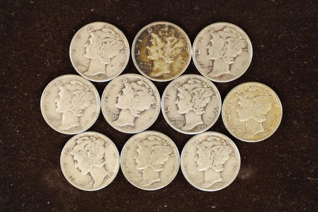 10-ASSORTED 1940'S SILVER MERCURY DIMES (1 of 2)