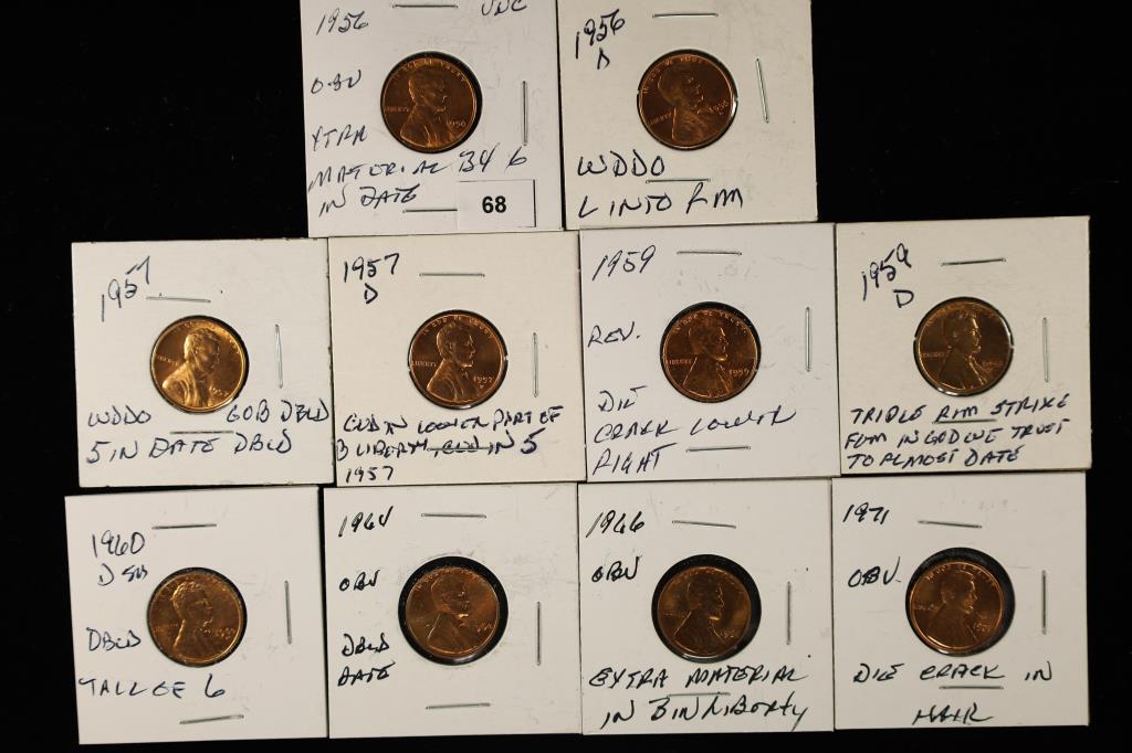 10 LINCOLN CENTS WITH MINOR ERRORS BRILLIANT UNC (1 of 2)