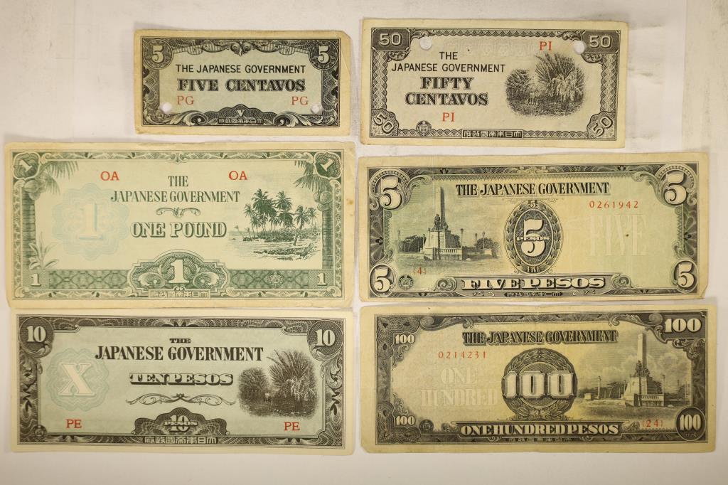 6 JAPANESE INVASION CURRENCY BILLS: 5 CENTAVOS,: 50 CENTAVOS, 1 POUND, 5 PESOS, 10 PESOS AND 100 PESOS