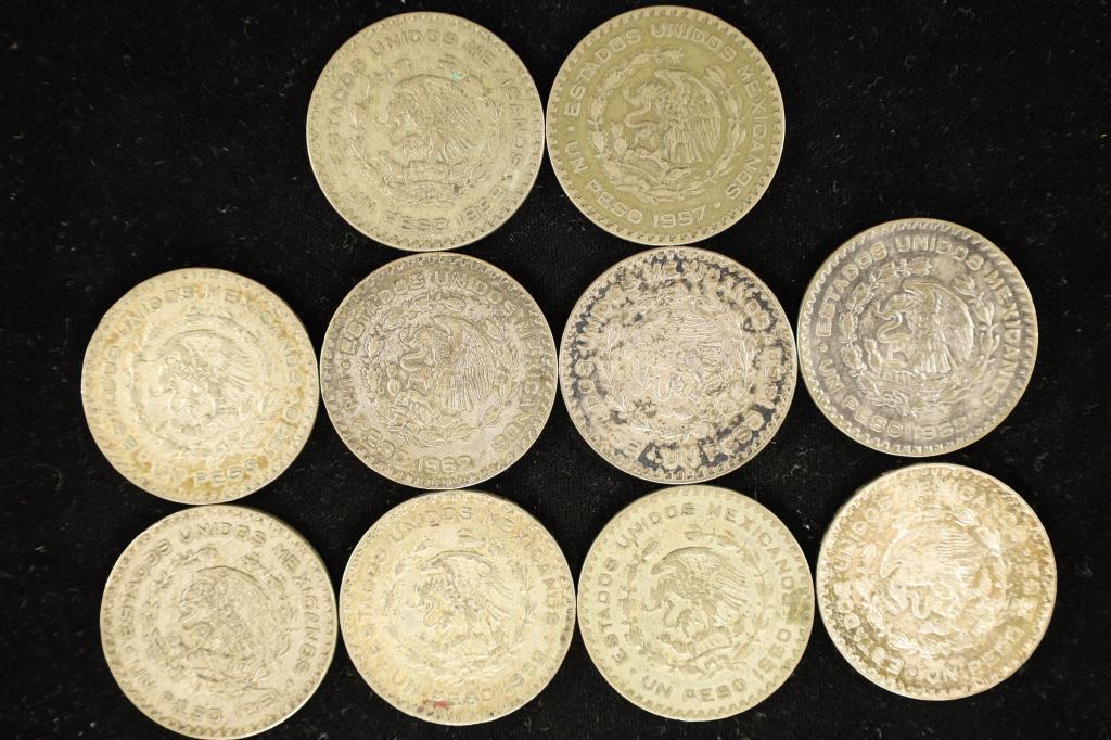 10-ASSORTED MEXICO .100 SILVER PESOS 1959-1963 (1 of 2)