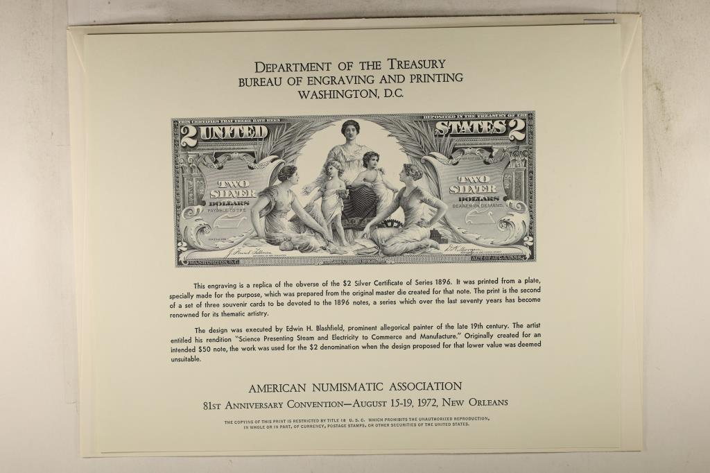 1972 AMERICAN NUMISMATIC ASSOCIATION SOUVENIR CARD: WITH REPLICA ENGRAVING OF THE OBV. OF A 1896-$2 SILVER CERTIFICATE, PRINTED BY THE BUREAU OF ENGRAVING AND PRINTING
