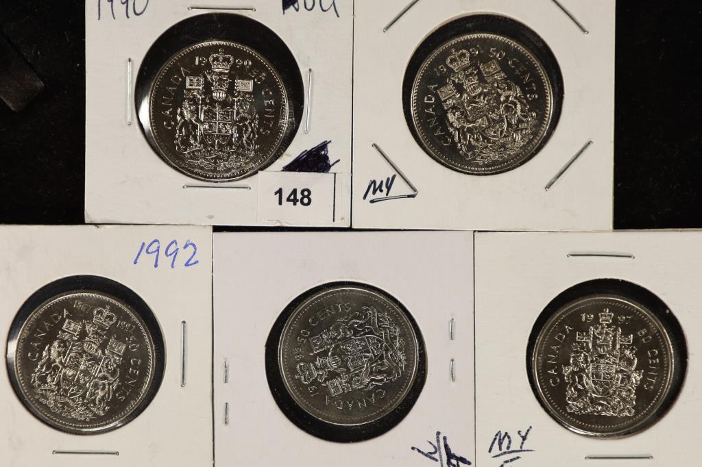 5 CANADA 50 CENT PIECES 1990, 91, 92, 95 & 1997 (1 of 2)
