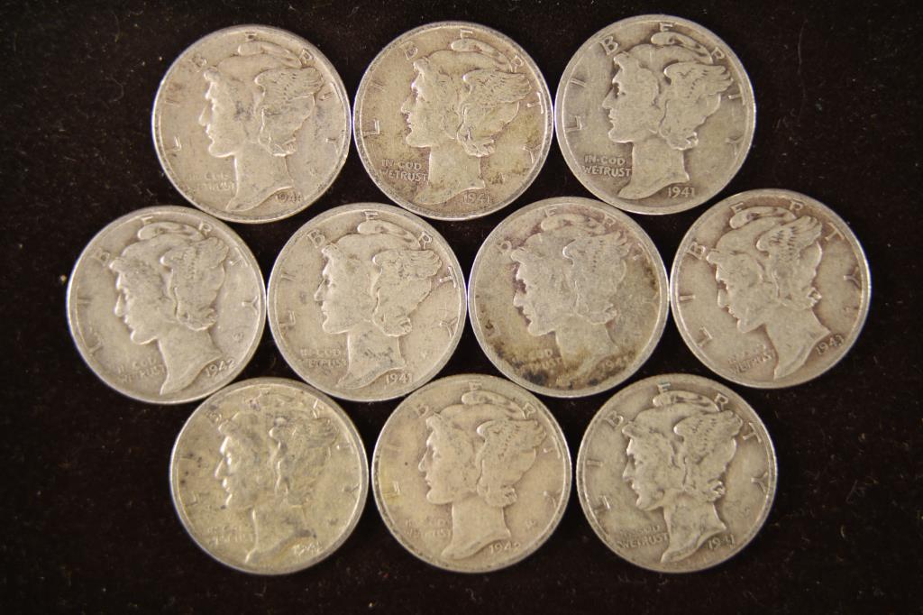 10-ASSORTED 1940'S SILVER MERCURY DIMES (1 of 2)