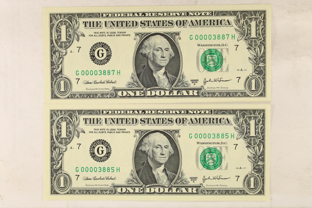 2-2003-A $1 FRN'S LOW SERIAL BILLS BOTH UNC: SERIAL NUMBERS ARE:G00003885H AND G00003887H