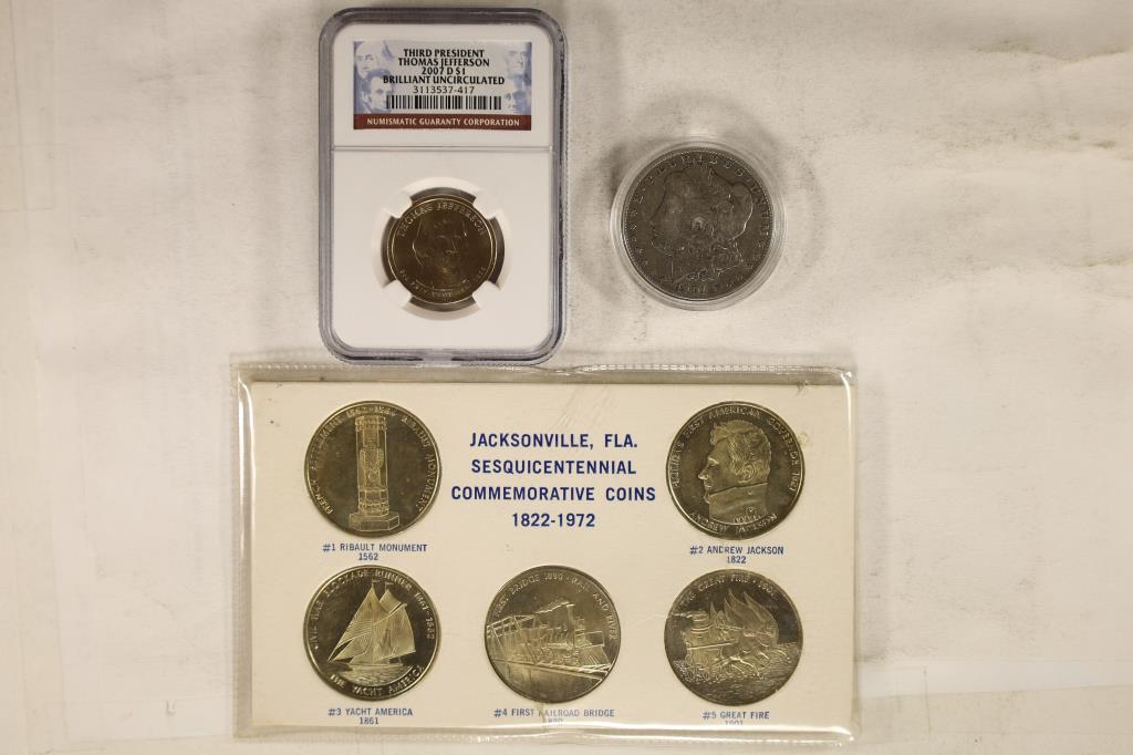 LOT OF 3 ITEMS, 1901-O MORGAN SILVER DOLLAR, 1822- (1 of 2)