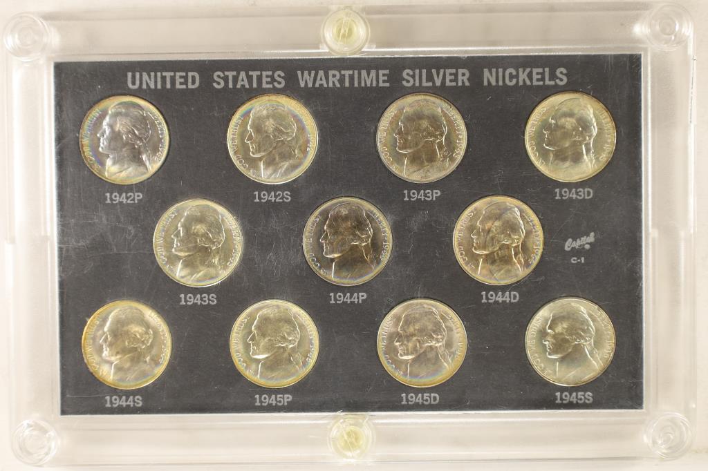 1942-1945 US WAR TIME SILVER NICKELS SET BU: 11 COINS IN CAPITAL PLASTICS HOLDER