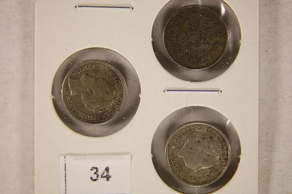 3-1/10 GULDEN SILVER COINS: 1942-S NEDERLANDS: INDIE, 1944-D NEDERLANDS "CURACAO" AND 1954-A NEDERLANDS "ANTILLEN". .0288 OZ. ASW EACH
