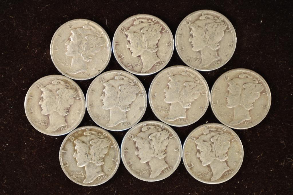 10-ASSORTED 1940'S SILVER MERCURY DIMES (1 of 2)