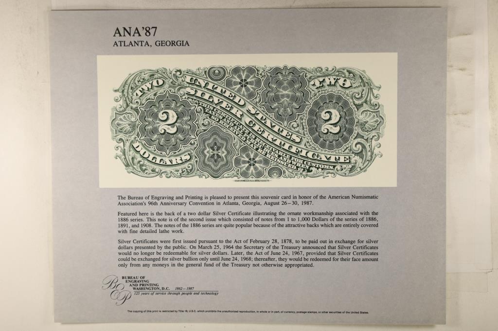 ANA '87 ATLANTA, GEORGIA SOUVENIR CARD WITH THE: REVERSE OF A 1886 SERIES $2 SILVER CERTIFICATE, BY THE BUREAU OF ENGRAVING AND PRINTING