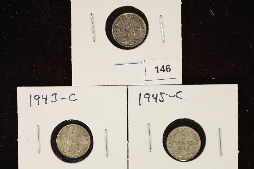 3-ASSORTED NEWFOUNDLAND SILVER 5 CENTS: 1941-C, (1 of 2)