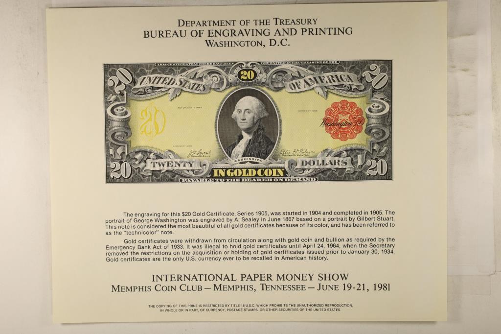 1981 INTERNATIONAL PAPER MONEY SHOW MEMPHIS, TN: SOUVENIR CARD FEATURING AN ENGRAVING OF A 1904-1905 $20 GOLD CERTIFICATE BY THE BUREAU OF ENGRAVING AND PRINTING