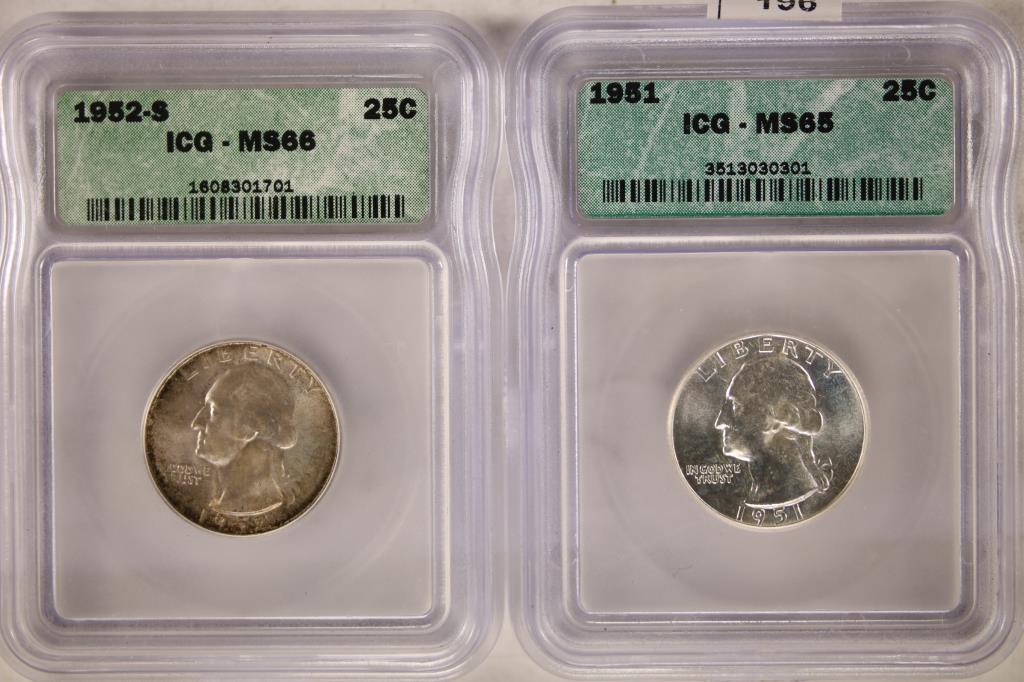 2 WASHINGTON SILVER QUARTERS: 1951 ICG MS65 & (1 of 2)