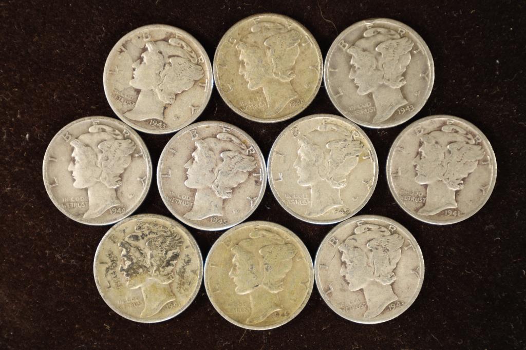 10 ASSORTED 1940'S SILVER MERCURY DIMES (1 of 2)