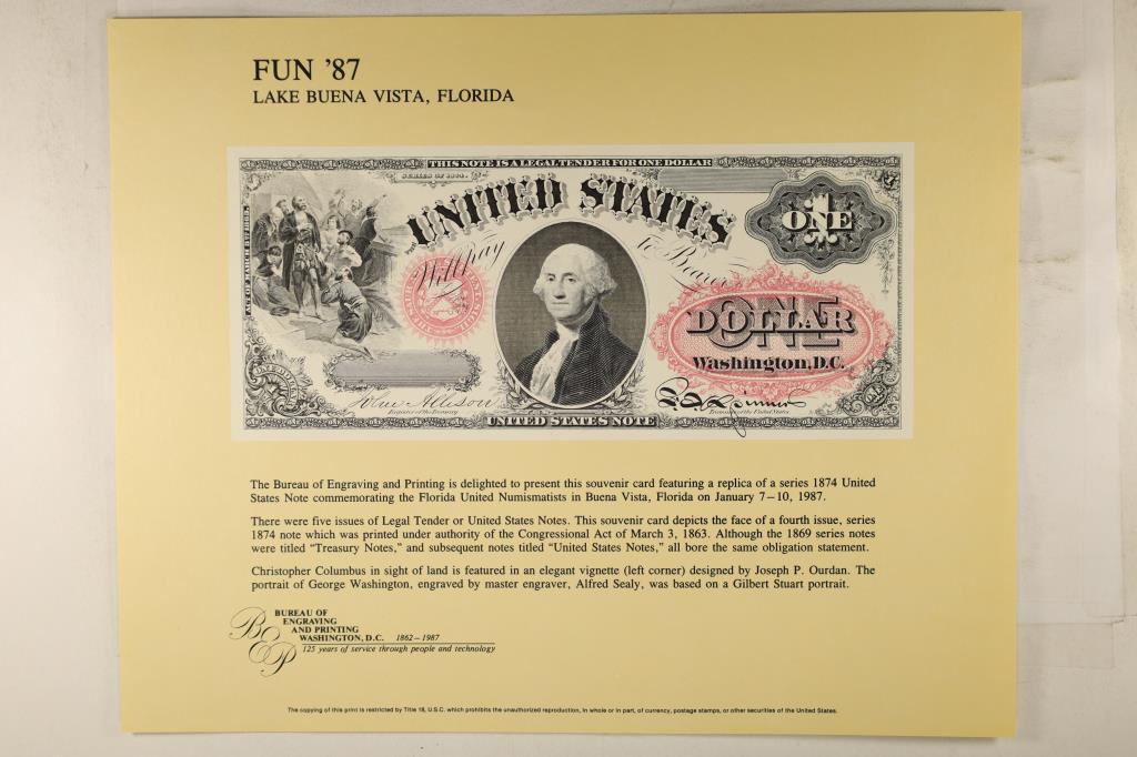 FUN '87 LAKE BUENA VISTA, FLORIDA SOUVENIR CARD: FEATURING A REPLICA OF A 1874 UNITED STATES $1 NOTE BY THE BUREAU OF ENGRAVING AND PRINTING