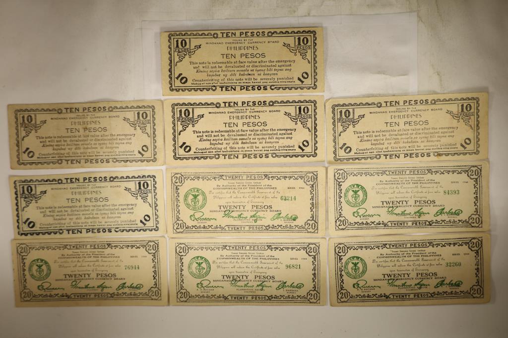 10-PHILIPPINES EMERGENCY CURRENCY 5-1943-10 PESOS: AND 5-1944-20 PESOS