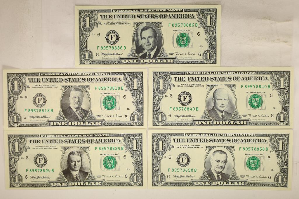 5-1995 FEDERAL RESERVE NOTES WITH PRESIDENTIAL: OVERLAYS: BUSH, ROOSEVELT, EISENHOWER AND TWO OTHERS, ALL CRISP UNC
