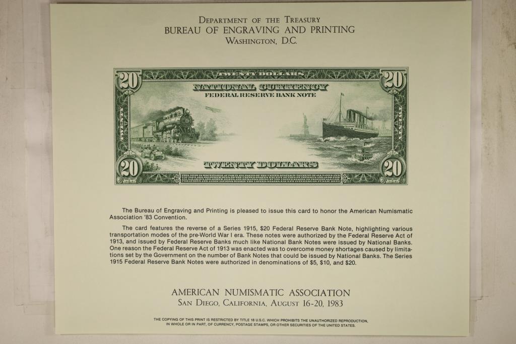 1983 AMERICAN NUMISMATIC ASSOCIATION SAN DIEGO: CALIFORNIA, CARD FEATURING THE REVERSE OF A SERIES 1915 $20 FEDERAL RESERVE BANK NOTE, PRINTED BY THE BUREAU OF ENGRAVING AND PRINTING