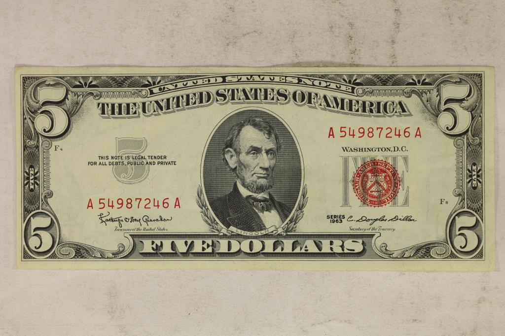 1963 $5 US RED SEAL NOTE CRISP UNC (1 of 2)