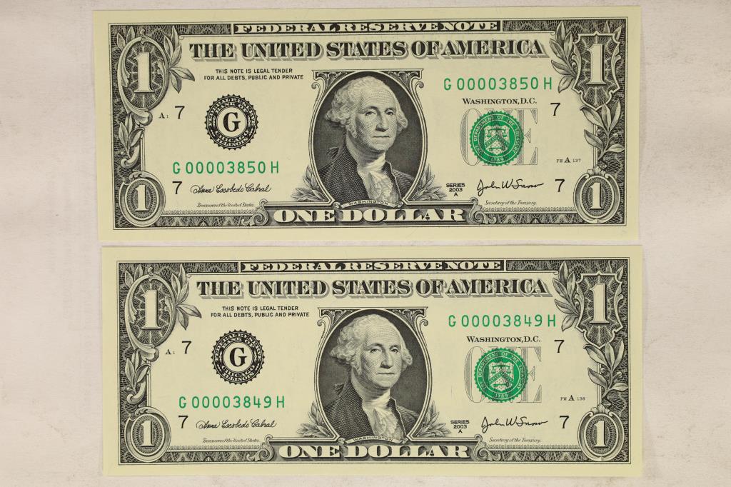 2-2003-A $1 FRN'S LOW CONSECUTIVE SERIAL 'S UNC: SERIAL NUMBERS ARE:G00003849H-G0003850H