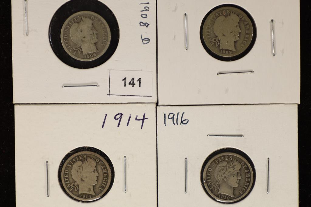 4-SILVER BARBER DIMES: 1908-1916: WATCH FOR OUR NEXT AUCTION ON MONDAY MARCH 14TH, 2022 AT 7 PM EST