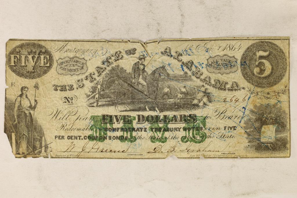 1864 $5 CONFEDERATE TREASURY NOTE STATE OF (1 of 2)
