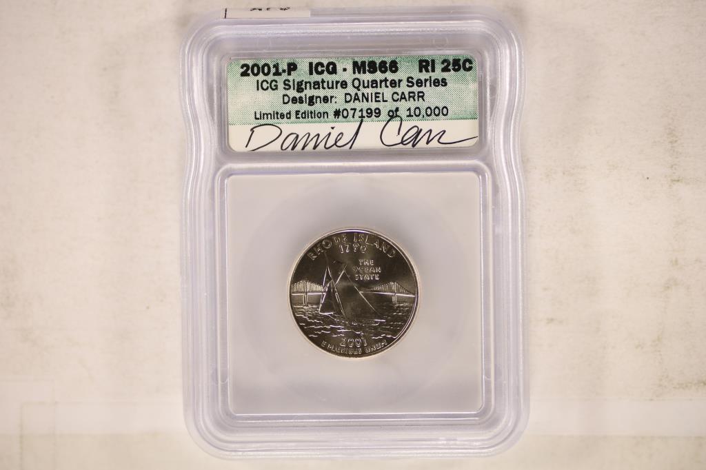 2001-P RHODE ISLAND QUARTER ICG MS66 SIGNATURE: SERIES SIGNED BY DANIEL CARR, 07199 OF 10,000