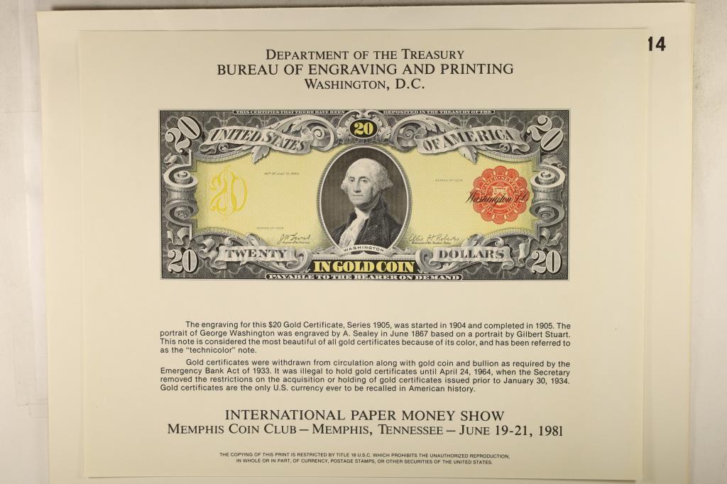 1981 INTERNATIONAL PAPER MONEY SHOW ENGRAVING OF: A 1905 SERIES $20 GOLD CERTIFICATE, PRINTED BY THE BUREAU OF ENGRAVING AND PRINTING