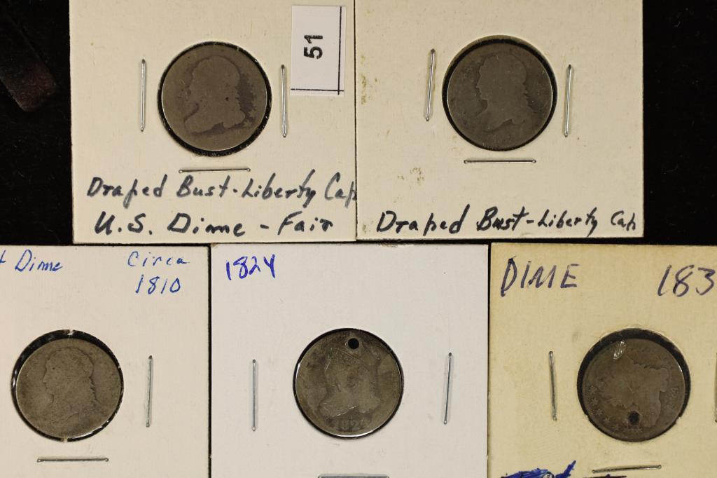 5-DRAPED BUST DIMES: 1824 & 1834 HOLED & 3-UNDATED (1 of 2)