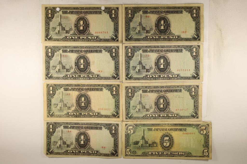 8- JAPANESE INVASION CURRENCY: 7-1 PESO & 1-5 PESO: SOME HAVE STAMPS AND SOME HAVE PUNCH HOLES