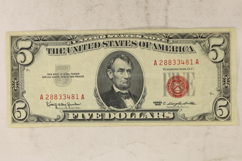 1963 $5 US NOTE RED SEAL CRISP (1 of 2)