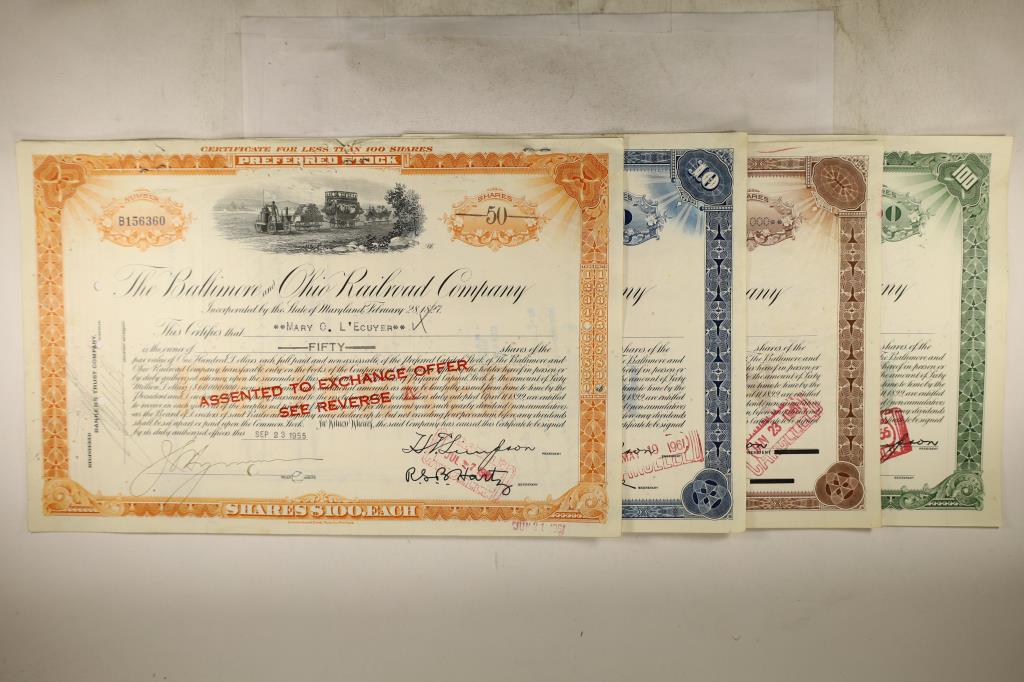4 ASSORTED VINTAGE RAILROAD STOCK CERTIFICATES (1 of 5)