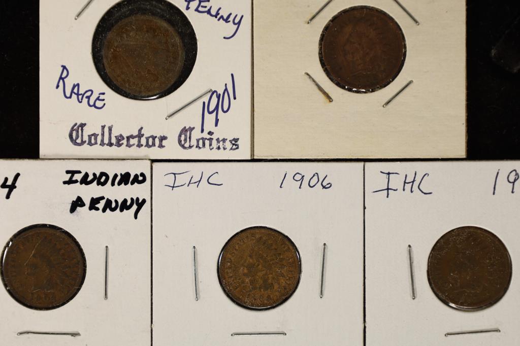 5-INDIAN HEAD PENNIES: 1901, 1902 (GOOD), 1904, (1 of 2)