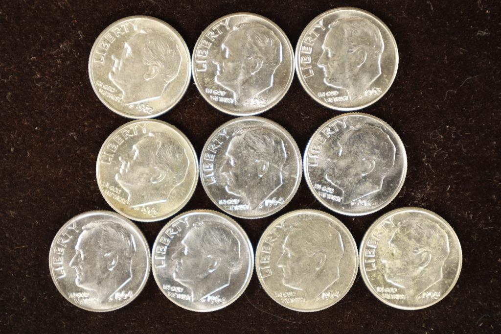 10-1960'S SILVER ROOSEVELT DIMES MOSTLY BU: WATCH FOR OUR NEXT AUCTION ON MONDAY MARCH 7TH, 2022.