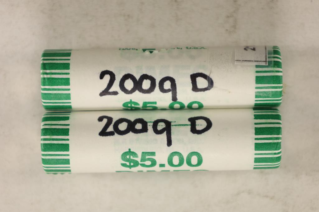 2-$5 ROLLS OF 2009-D ROOSEVELT DIMES BRILLIANT UNC: WATCH FOR OUR NEXT AUCTION ON MONDAY MARCH 7TH, 2022.