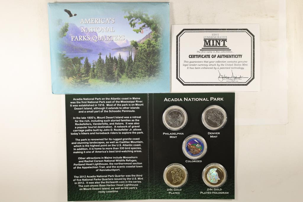 2012 ACADIA NATIONAL PARK QUARTERS SET: P & D, COLORIZED, 24KT GOLD PLATED AND 24KT GOLD PLATED HOLOGRAM