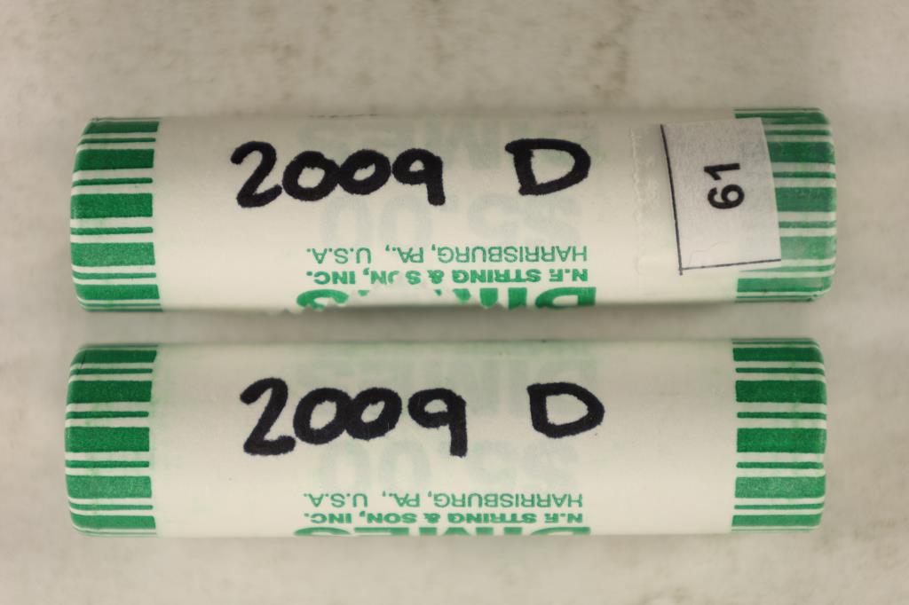 2-$5 SOLID DATE ROLLS OF ROOSEVELT DIMES: 2009-D'S: BRILLIANT UNC