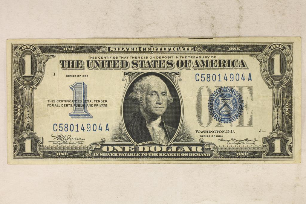 1934 $1 BLUE SEAL FUNNY BACK SILVER CERTIFICATE (1 of 2)