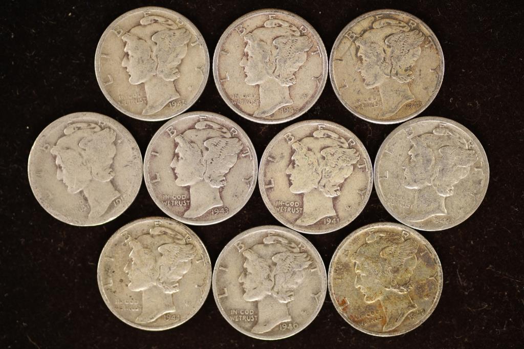 10-ASSORTED 1940'S SILVER MERCURY DIMES (1 of 2)