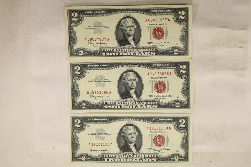 3-US $2 RED SEAL BILLS 2-1963 & 1963-A CRISP UNC (1 of 2)