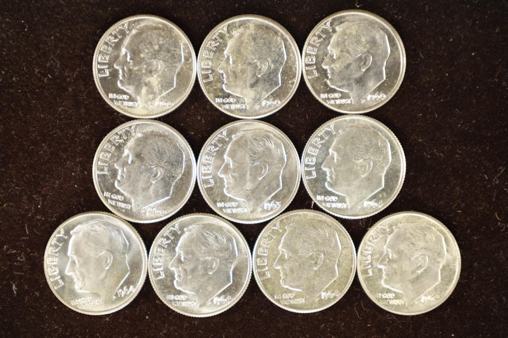 10 ASSORTED SILVER ROOSEVELT DIMES 1960-1964 BU'S (1 of 2)