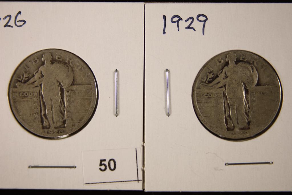 2 SILVER STANDING LIBERTY QUARTERS: 1926 & 1929: WATCH FOR OUR NEXT AUTION ON MONDAY MARCH 28TH, 2022 AT 7 PM EST