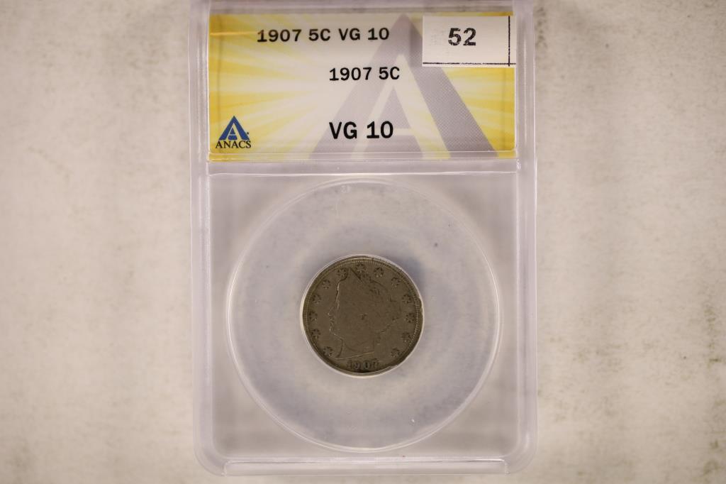 1907 LIBERTY "V" NICKEL ANACS VERY GOOD 10: WATCH FOR OUR NEXT AUTION ON MONDAY MARCH 28TH, 2022 AT 7 PM EST